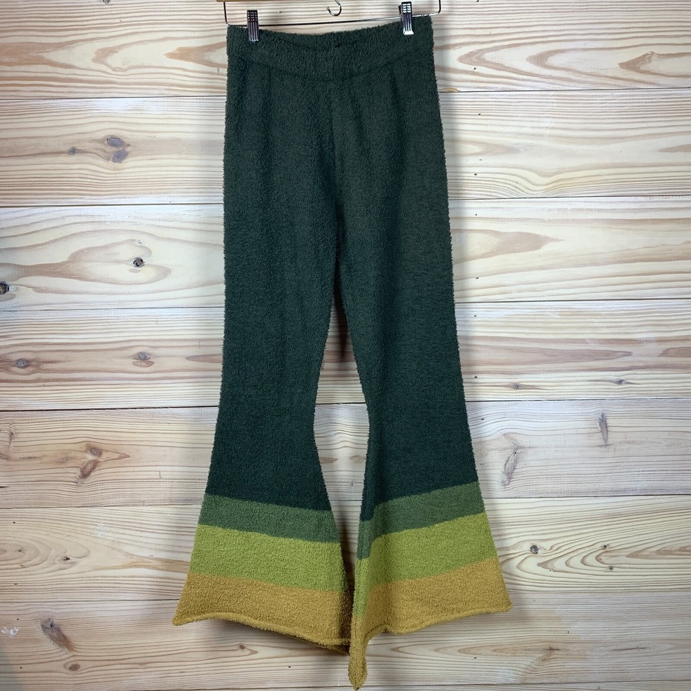 Cozy Flare Knit Pants - Dark Green with Olive & Mustard Stripes
